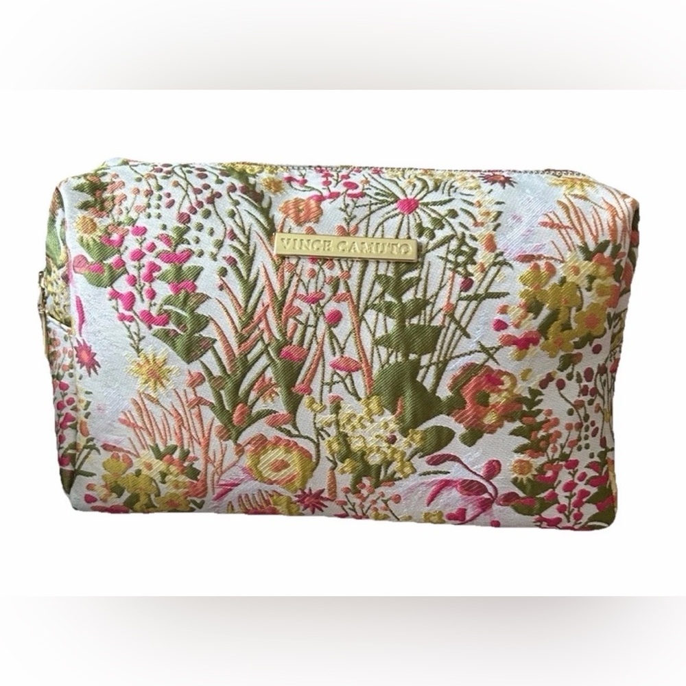 NEW VINCE CAMUTO COSMETICS MAKEUP BAG TRAVEL CASE EMBROIDERED FLOWERS PINK GREEN